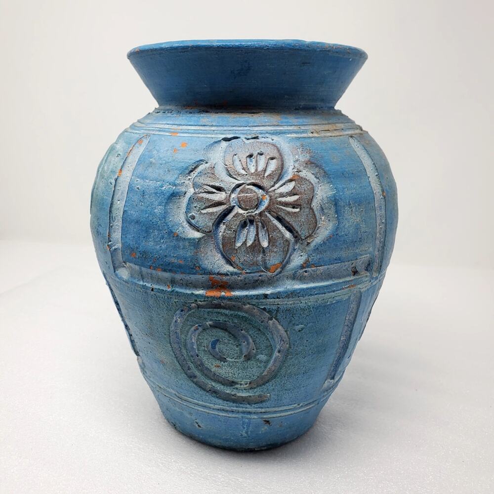 Vintage Large 10" Tall pottery Blue Vase Worn look with**couple flaws on Glaze